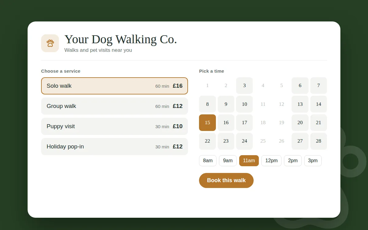 Dog walking booking demo preview