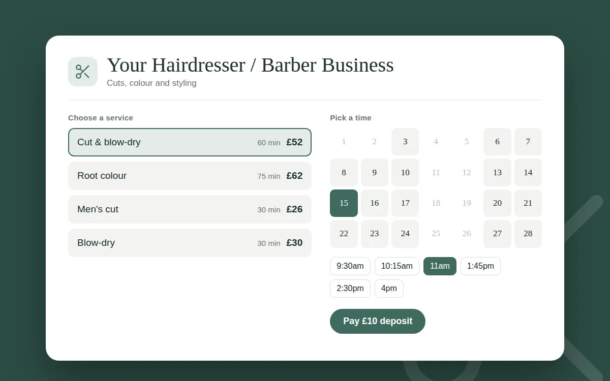 Hairdresser and barber booking demo preview